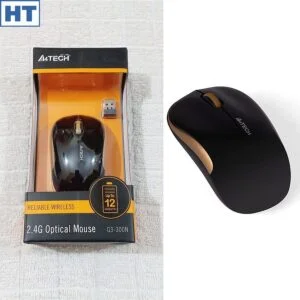 A4Tech Wireless Mouse (G3-300N) – Mini size – (Black + Golden) – 3 Buttons – 1000 dpi – V Track Optical Haziq Tech